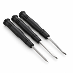 Three-piece pentalobe precision screwdriver set in 0.8mm, 1.2mm and 1.5mm sizes