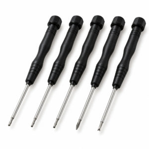 Five-piece precision screwdriver set with pentalobe, Phillips and tri-point tips