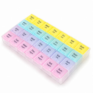 7-day pill organiser with 28 compartments and four daily sections