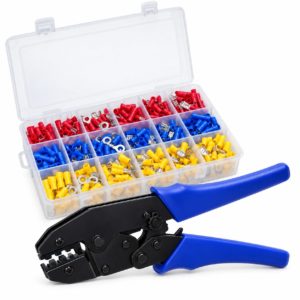 Blue-handled electrical terminal crimping pliers with a case of red, blue and yellow insulated connectors