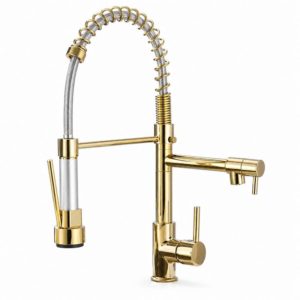 Dual-Spout Commercial Spring Pull-Out Kitchen Mixer Tap – Gold – SS304