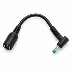 12 cm black power adapter cable with 7.4 mm socket and right-angle 4.5 mm blue-tip plug