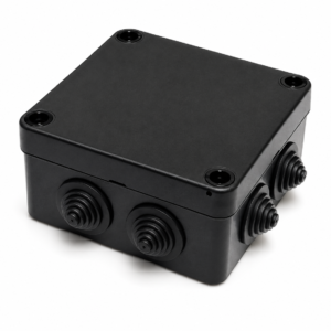 Black square IP55 junction box with four cable entry grommets