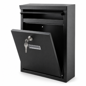 Black steel wall mounted lockable postbox with top letter slot and open front retrieval door