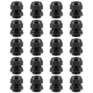 Twenty black M20 IP68 nylon cable glands arranged on a white background