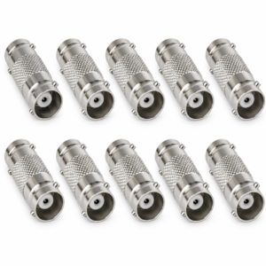 Ten silver metal BNC female-to-female inline coupler adapters on white background