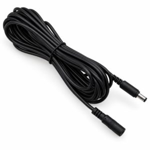 Coiled black 20 m CCTV DC power extension cable with male and female barrel connectors on white background