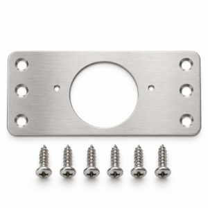 Stainless steel 90 x 40mm cabinet hinge repair plate with six screws