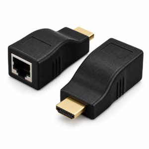 Pair of black HDMI male to RJ45 female extender adapters