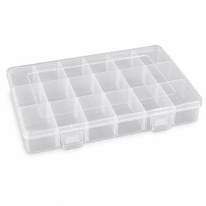 Large clear plastic organiser box with 18 fixed compartments