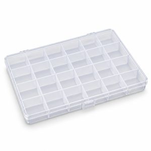Clear plastic organiser box with 24 fixed compartments