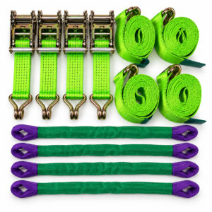 Four green 2 tonne vehicle recovery ratchet straps with double J hooks and alloy wheel link straps