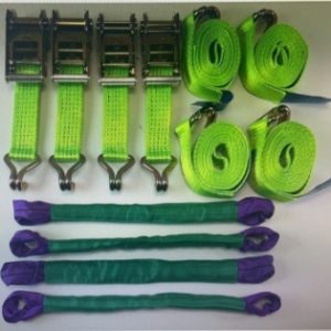 Four green 5 tonne vehicle recovery ratchet straps with double J hooks and alloy wheel link straps
