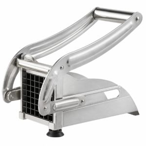Manual potato chipper with silver lever handle, cutting grid and suction base on white background