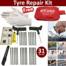 31-piece tyre puncture repair kit with strings, insertion and reamer tools, adhesive, gloves and instructions