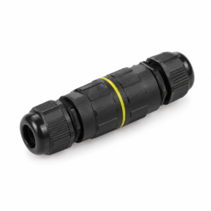 Black 3-pin inline cable connector with yellow centre band