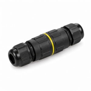 Illustration of black inline cable connector with yellow centre band