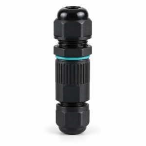 Black inline 2-pin cable connector with teal blue ring on white background