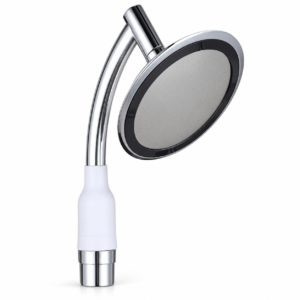 Large round chrome handheld shower head with dark rim and white handle