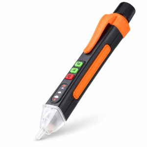 Black and orange non-contact AC voltage tester pen on white background
