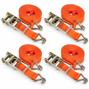 Four orange 25 mm by 4 m ratchet tie-down straps with metal ratchets and hooks on white background