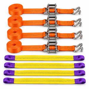 Four orange 1 tonne ratchet straps with four alloy wheel securing link straps