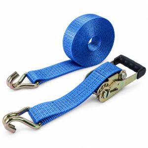 Blue 38mm x 6m ratchet tie-down strap with J-hooks