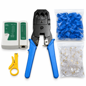 RJ45 kit with blue-handled crimper, cable tester, yellow stripper, 100 clear plugs and 100 blue boots