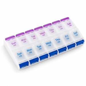 White 7-day pill organiser with fourteen AM PM compartments and purple and blue accents