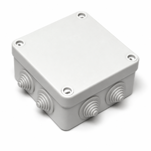 White light-grey IP55 junction box with four cable-entry grommets
