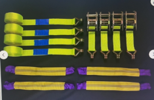 Yellow 5 tonne vehicle recovery ratchet strap set with double J hooks and alloy wheel link straps