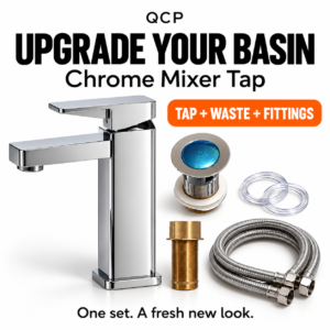 Chrome square basin mixer tap with click-clack waste and fittings